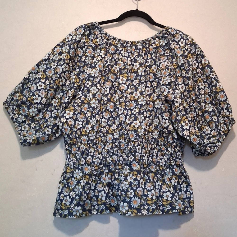 Old‎ Navy Smocked Vneck Peplum Peasant Blue Floral Puff Sleeve Boho SzXL